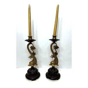 Vintage Brass Koi Dolphin Candlestick Holders Ornate Patina Base Leaf Design
